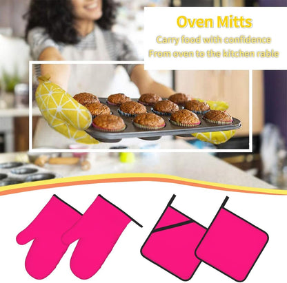 4PCS Oven Mitts and Pot Holders Sets, Solid Rose Deep Pink Oven Mitts Set Heat Resistant Kitchen Microwave Gloves Safe for Baking,Cooking, BBQ