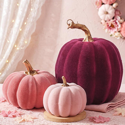 3 Pcs Velvet Pumpkin Decor Set 3D Foam Pumpkin, Pink