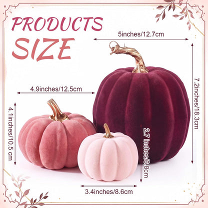 3 Pcs Velvet Pumpkin Decor Set 3D Foam Pumpkin, Pink