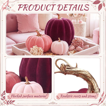 3 Pcs Velvet Pumpkin Decor Set 3D Foam Pumpkin, Pink