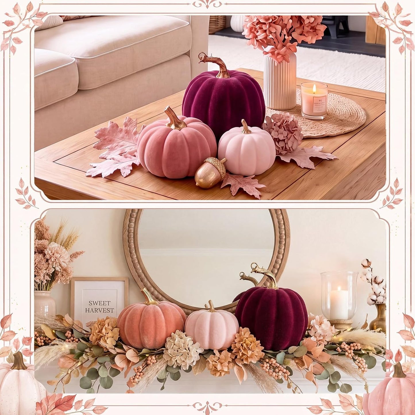 3 Pcs Velvet Pumpkin Decor Set 3D Foam Pumpkin, Pink
