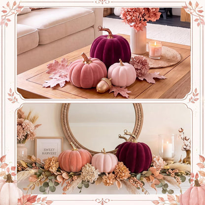 3 Pcs Velvet Pumpkin Decor Set 3D Foam Pumpkin, Pink