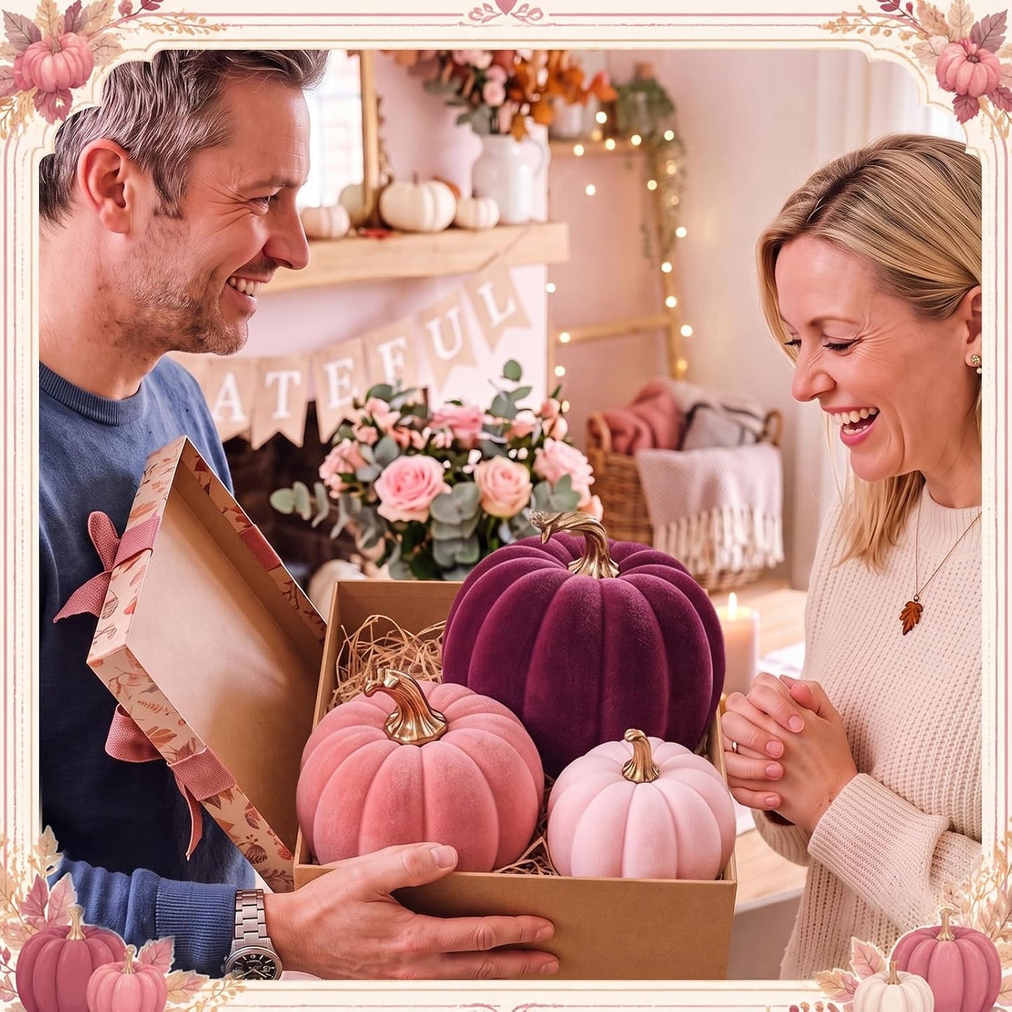 3 Pcs Velvet Pumpkin Decor Set 3D Foam Pumpkin, Pink