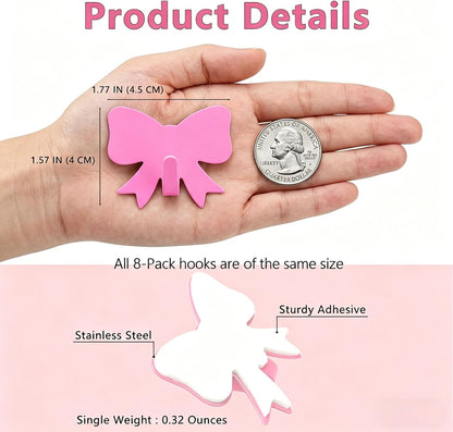8 Pcs Cute Adhesive Wall Hooks,Small Kawaii Bow Knot Decor Hook for Hanging