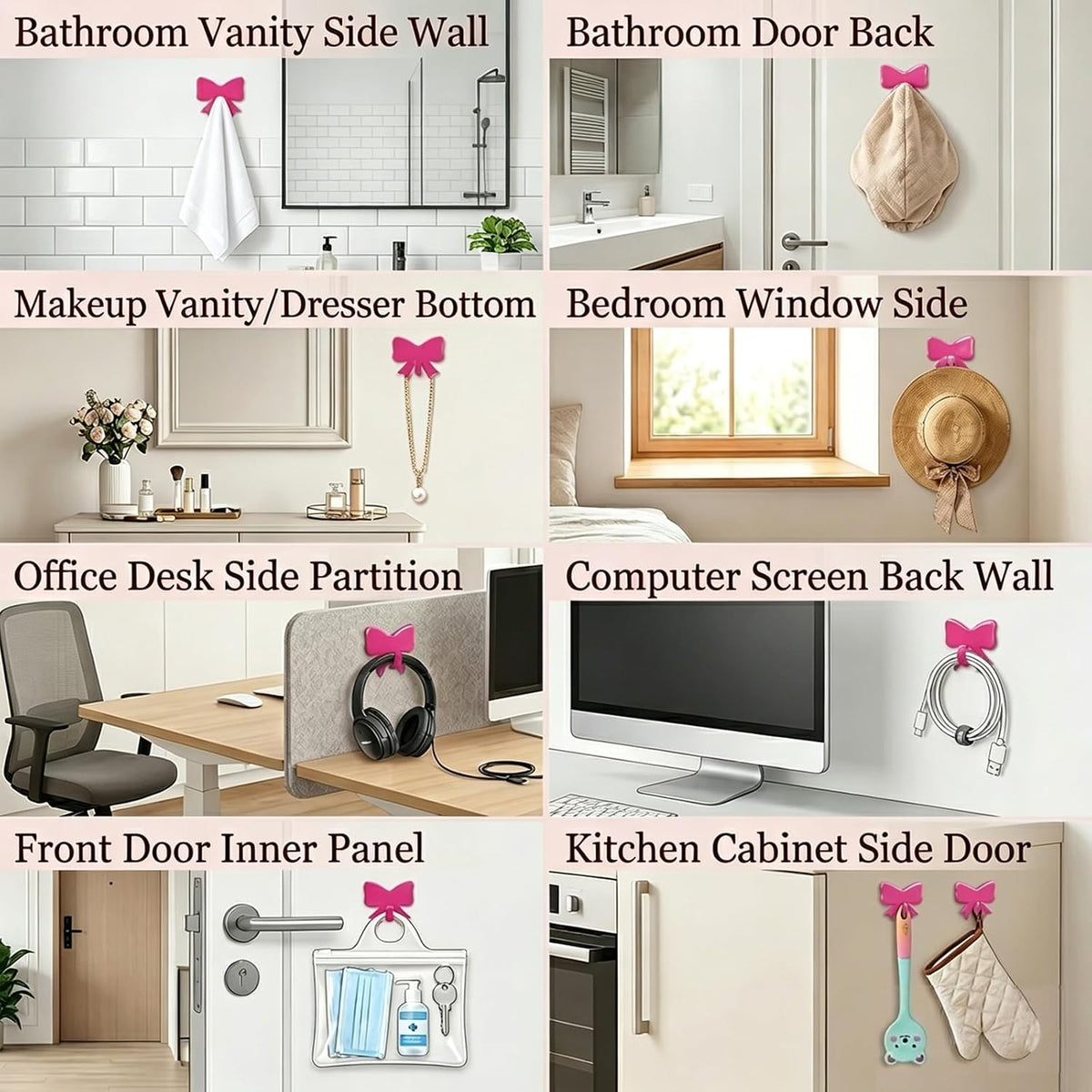8 Pcs Cute Adhesive Wall Hooks,Small Kawaii Bow Knot Decor Hook for Hanging