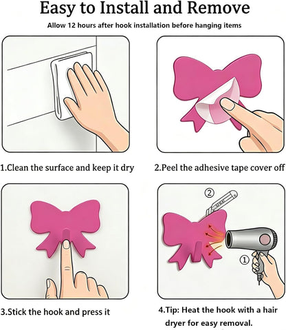 8 Pcs Cute Adhesive Wall Hooks,Small Kawaii Bow Knot Decor Hook for Hanging