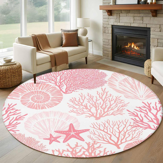 Coastal Pink Round Area Rug 5 FT, Indoor Outdoor Rug, Ocean Coral Starfish Shell Modern Sea Washable Circular Carpet Non-Shedding Floor Mat for Coffee Table Nursery Foyer Balcony