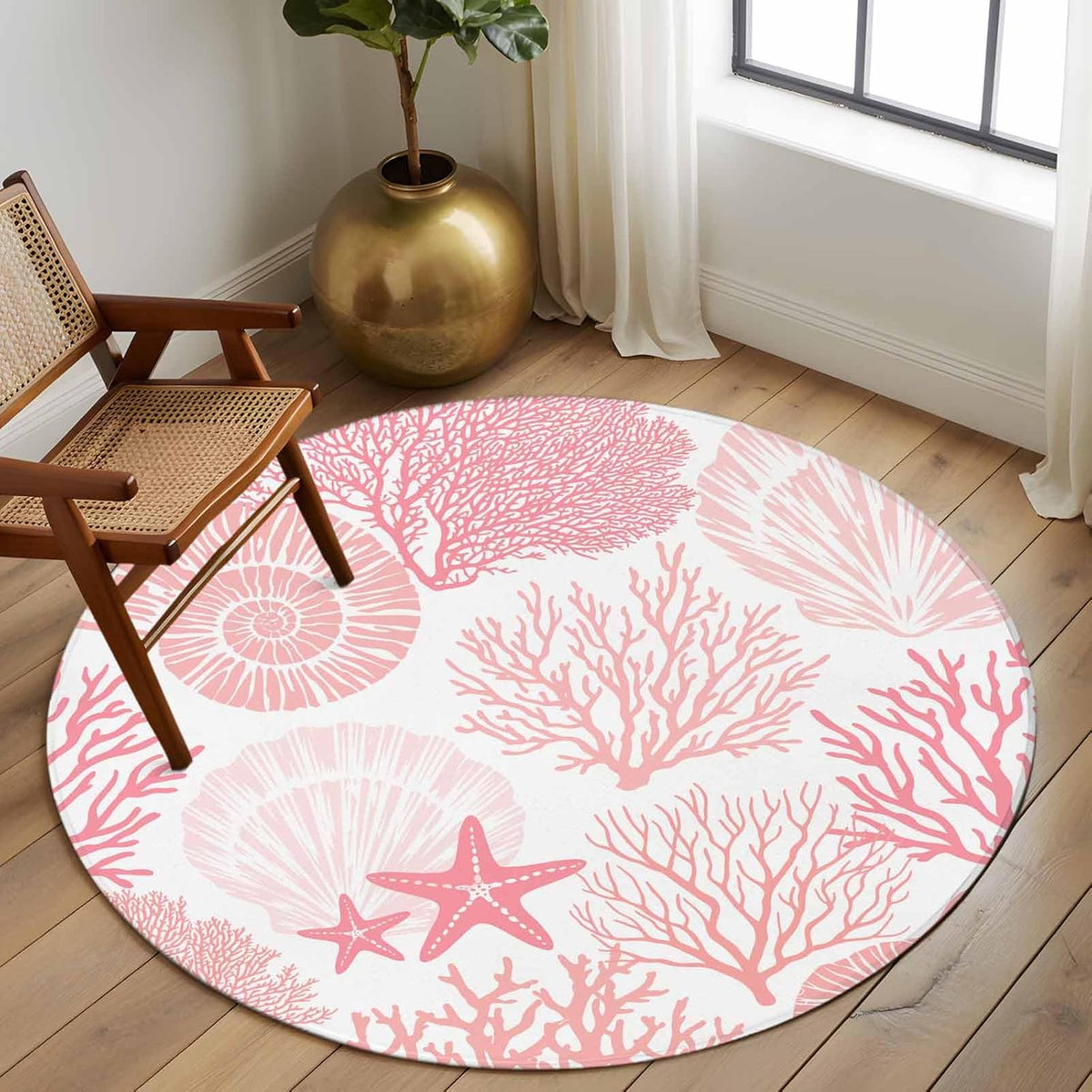 Coastal Pink Round Area Rug 5 FT, Indoor Outdoor Rug, Ocean Coral Starfish Shell Modern Sea Washable Circular Carpet Non-Shedding Floor Mat for Coffee Table Nursery Foyer Balcony
