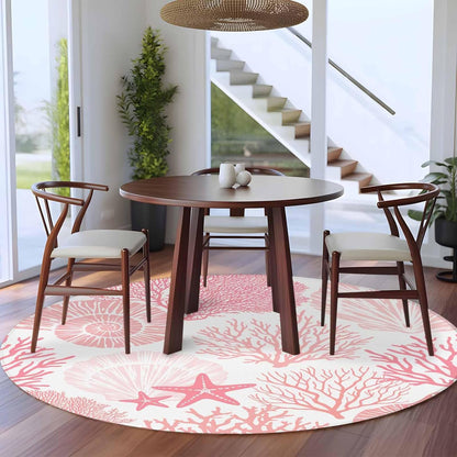 Coastal Pink Round Area Rug 5 FT, Indoor Outdoor Rug, Ocean Coral Starfish Shell Modern Sea Washable Circular Carpet Non-Shedding Floor Mat for Coffee Table Nursery Foyer Balcony
