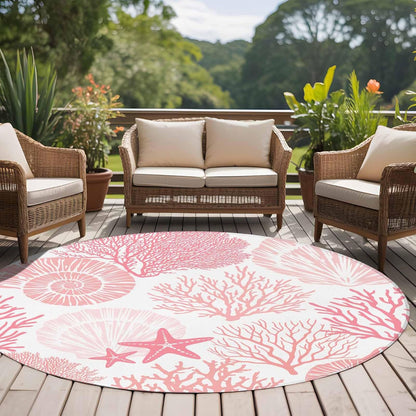 Coastal Pink Round Area Rug 5 FT, Indoor Outdoor Rug, Ocean Coral Starfish Shell Modern Sea Washable Circular Carpet Non-Shedding Floor Mat for Coffee Table Nursery Foyer Balcony