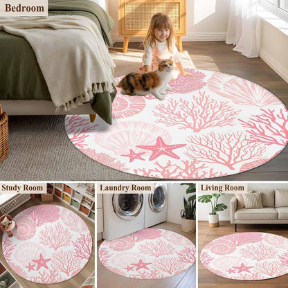 Coastal Pink Round Area Rug 5 FT, Indoor Outdoor Rug, Ocean Coral Starfish Shell Modern Sea Washable Circular Carpet Non-Shedding Floor Mat for Coffee Table Nursery Foyer Balcony