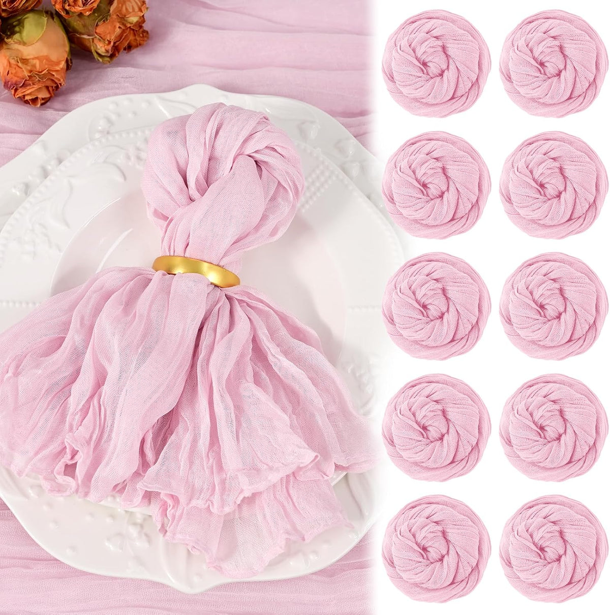 10 Pack Pink Cheesecloth Napkins 20"x20" Boho Washable Cloth Napkins Set of 10 Wrinkled Cheese Cloth Napkins Gauze Dinner Table Napkin for Wedding Party Baby Shower Birthday Decor