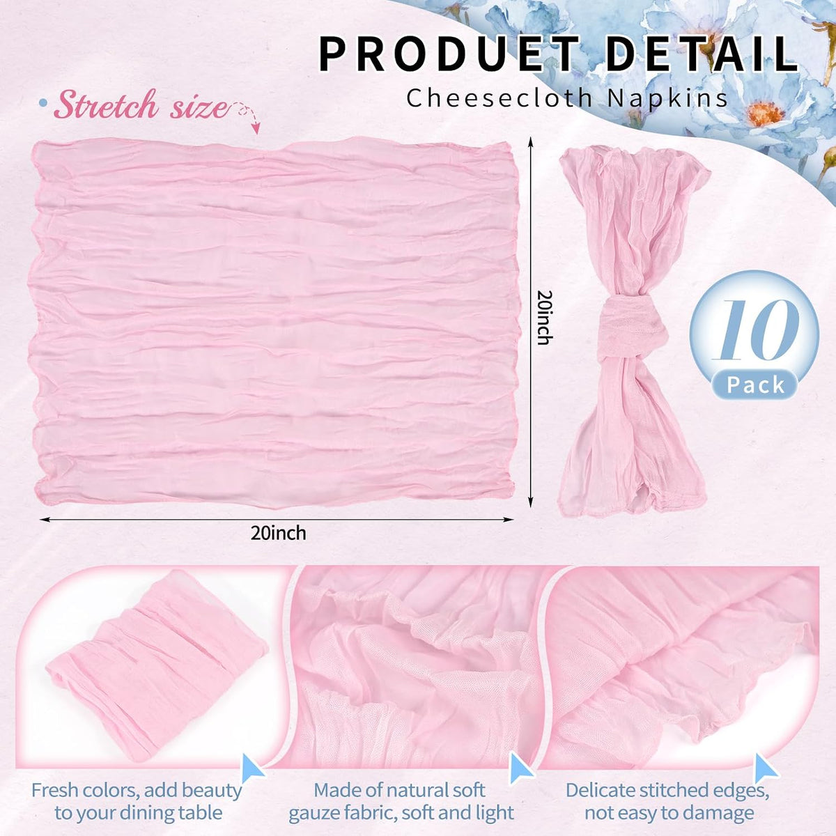 10 Pack Pink Cheesecloth Napkins 20"x20" Boho Washable Cloth Napkins Set of 10 Wrinkled Cheese Cloth Napkins Gauze Dinner Table Napkin for Wedding Party Baby Shower Birthday Decor