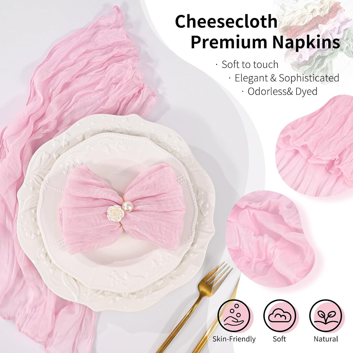 10 Pack Pink Cheesecloth Napkins 20"x20" Boho Washable Cloth Napkins Set of 10 Wrinkled Cheese Cloth Napkins Gauze Dinner Table Napkin for Wedding Party Baby Shower Birthday Decor