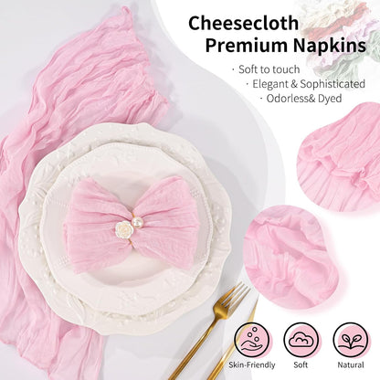 10 Pack Pink Cheesecloth Napkins 20"x20" Boho Washable Cloth Napkins Set of 10 Wrinkled Cheese Cloth Napkins Gauze Dinner Table Napkin for Wedding Party Baby Shower Birthday Decor