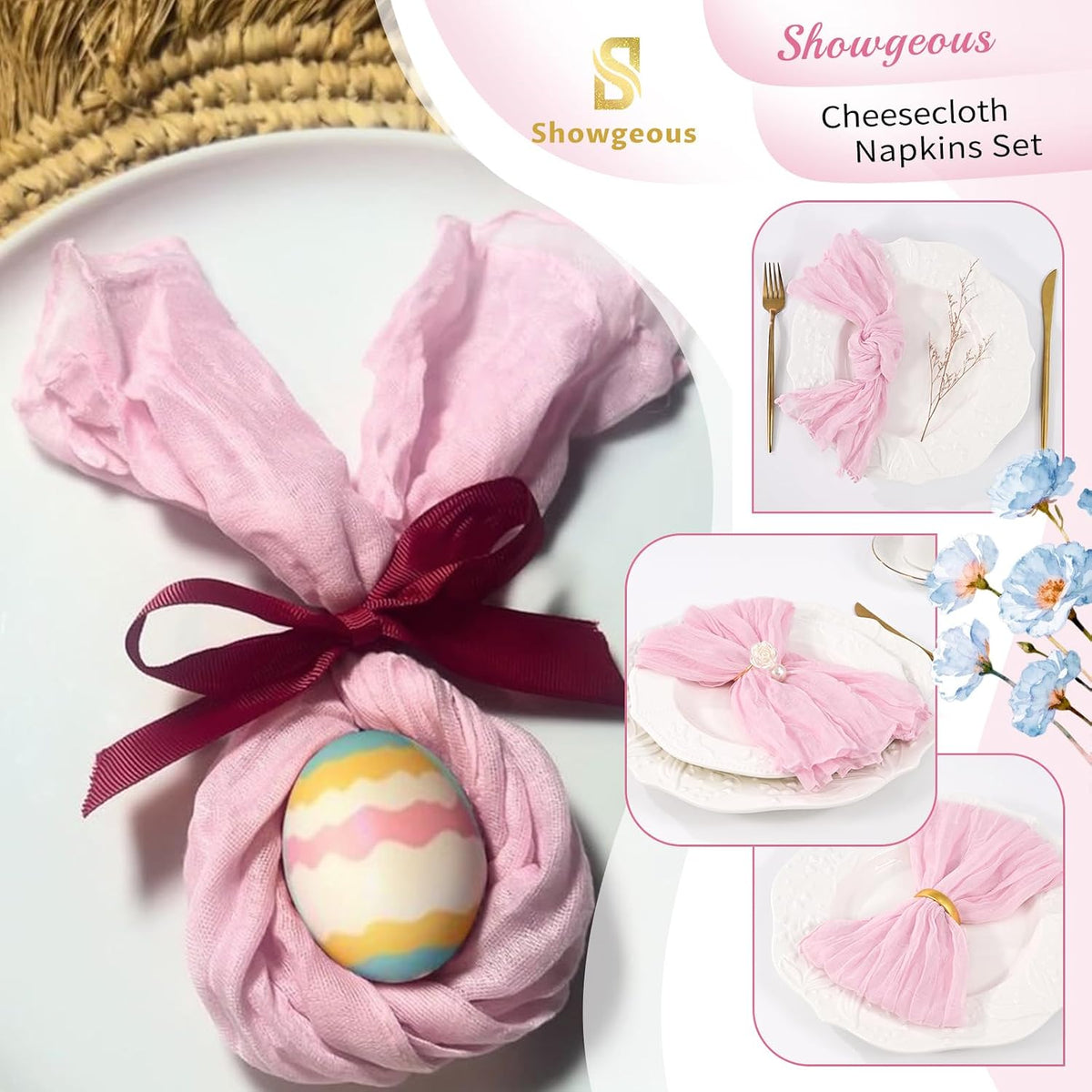 10 Pack Pink Cheesecloth Napkins 20"x20" Boho Washable Cloth Napkins Set of 10 Wrinkled Cheese Cloth Napkins Gauze Dinner Table Napkin for Wedding Party Baby Shower Birthday Decor