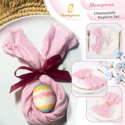 10 Pack Pink Cheesecloth Napkins 20"x20" Boho Washable Cloth Napkins Set of 10 Wrinkled Cheese Cloth Napkins Gauze Dinner Table Napkin for Wedding Party Baby Shower Birthday Decor