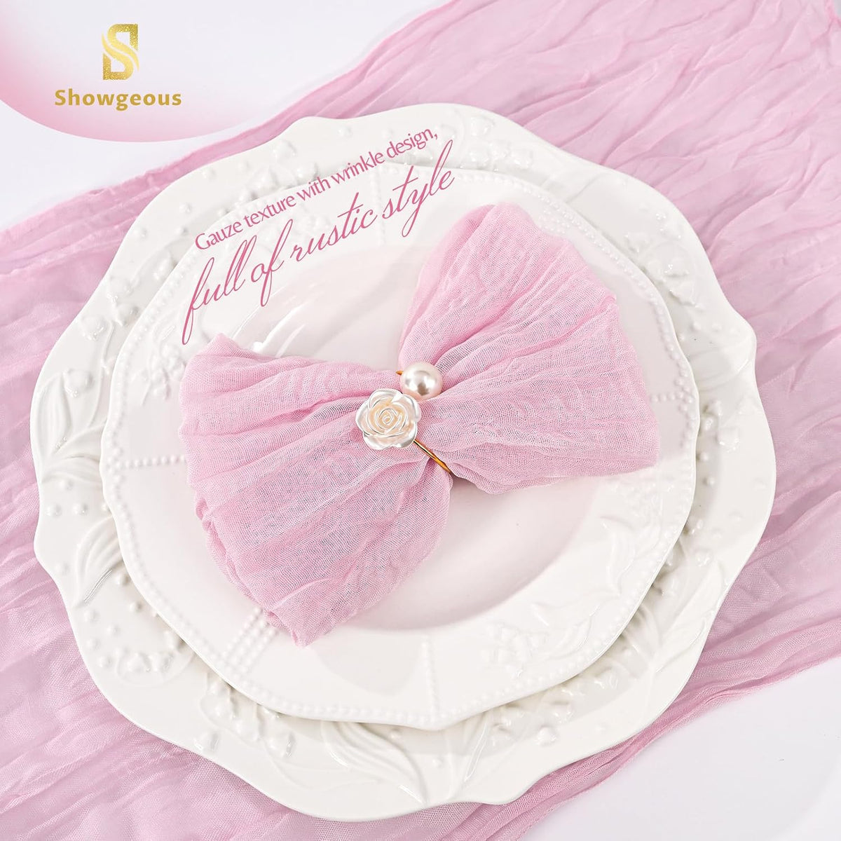 10 Pack Pink Cheesecloth Napkins 20"x20" Boho Washable Cloth Napkins Set of 10 Wrinkled Cheese Cloth Napkins Gauze Dinner Table Napkin for Wedding Party Baby Shower Birthday Decor
