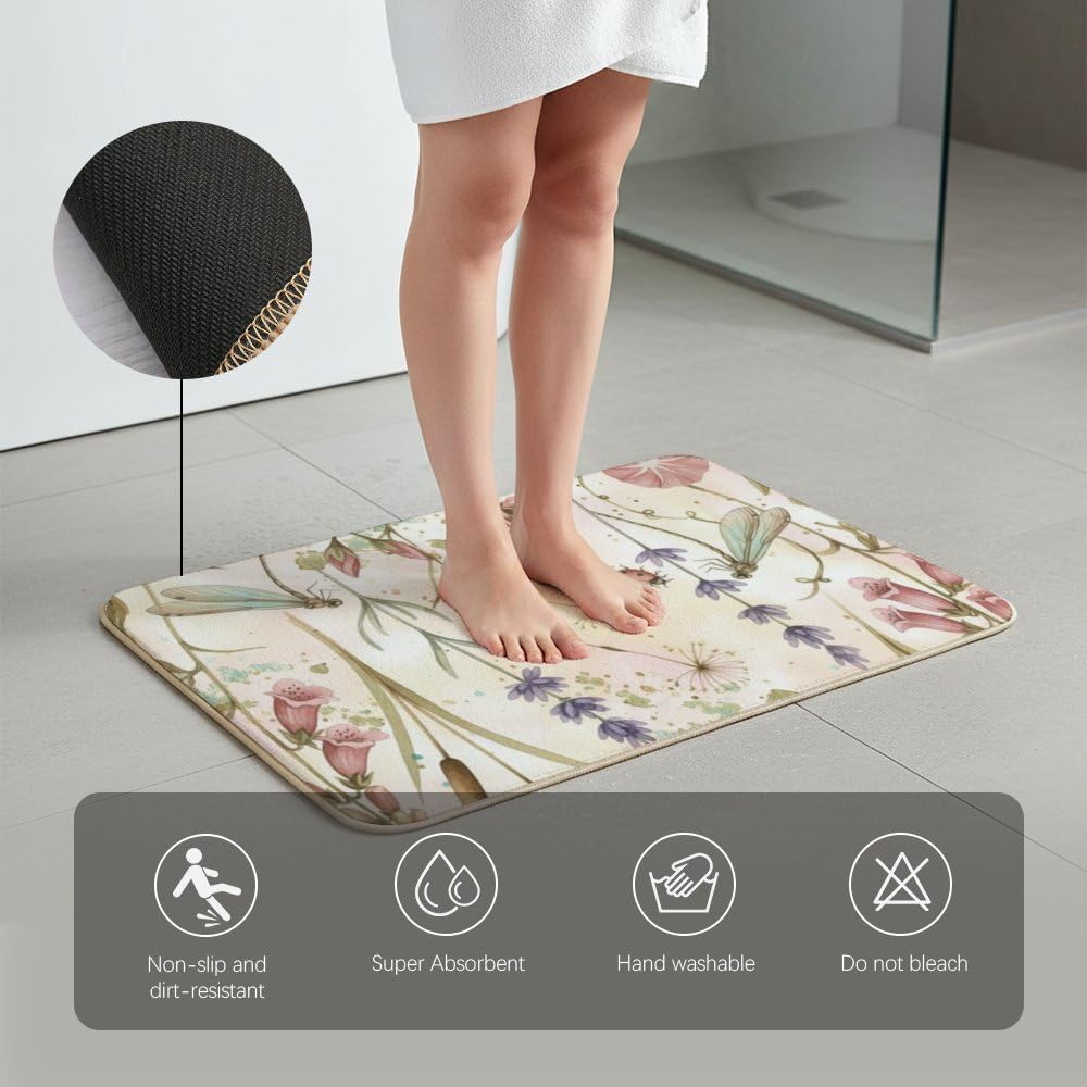 Flannel Quick Dry Bath Mat 16 × 24 Inch, Delicate Botanicallight Pink Flowers No Slip Shower Rug Water Absorbing Bathroom Decor Western Bathroom Rugs Anti-Fatigue Kitchen Mats
