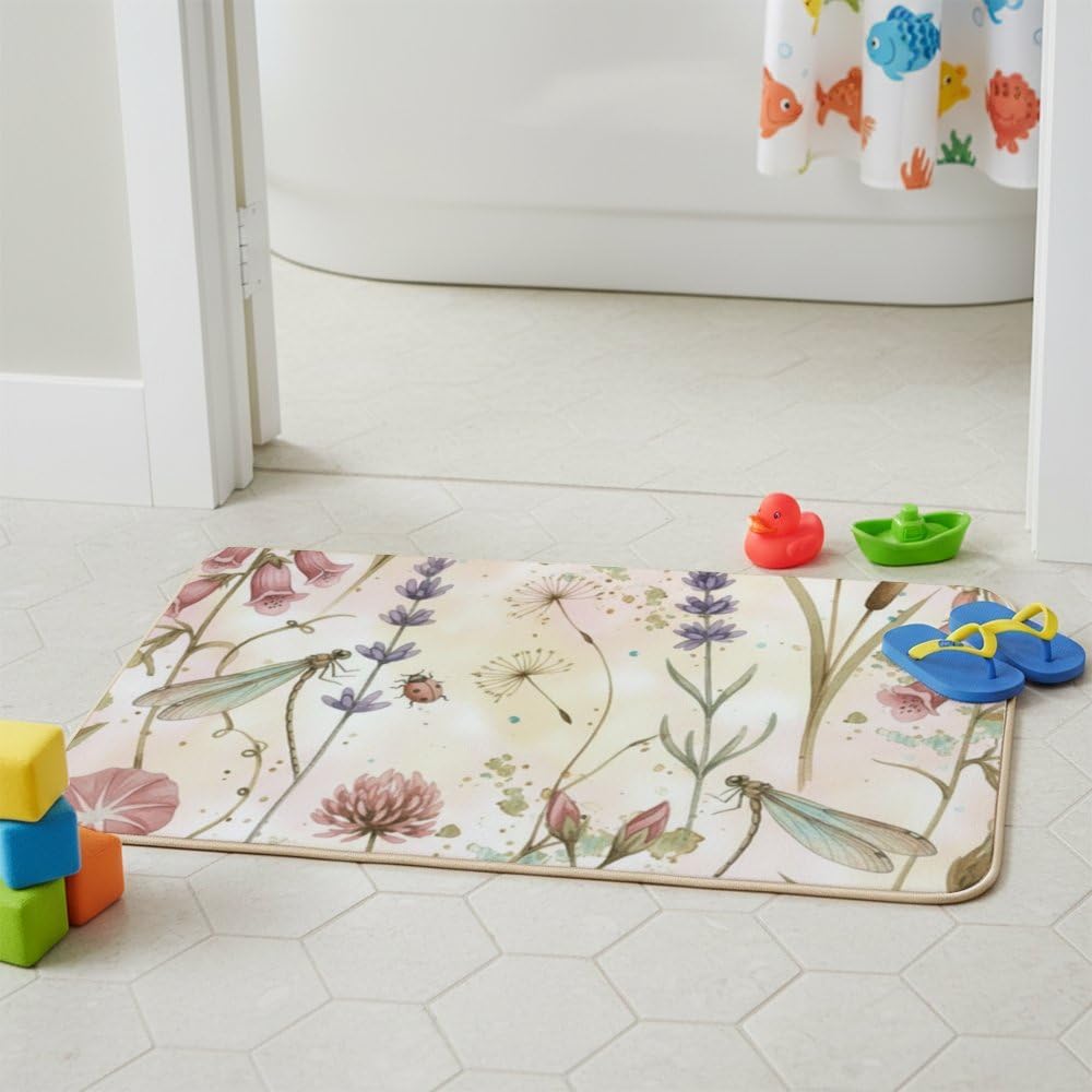 Flannel Quick Dry Bath Mat 16 × 24 Inch, Delicate Botanicallight Pink Flowers No Slip Shower Rug Water Absorbing Bathroom Decor Western Bathroom Rugs Anti-Fatigue Kitchen Mats