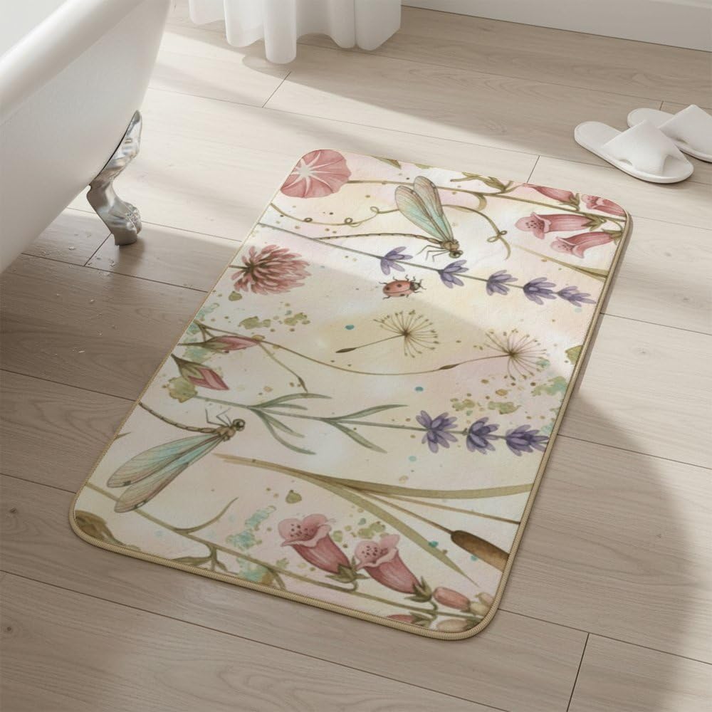Flannel Quick Dry Bath Mat 16 × 24 Inch, Delicate Botanicallight Pink Flowers No Slip Shower Rug Water Absorbing Bathroom Decor Western Bathroom Rugs Anti-Fatigue Kitchen Mats