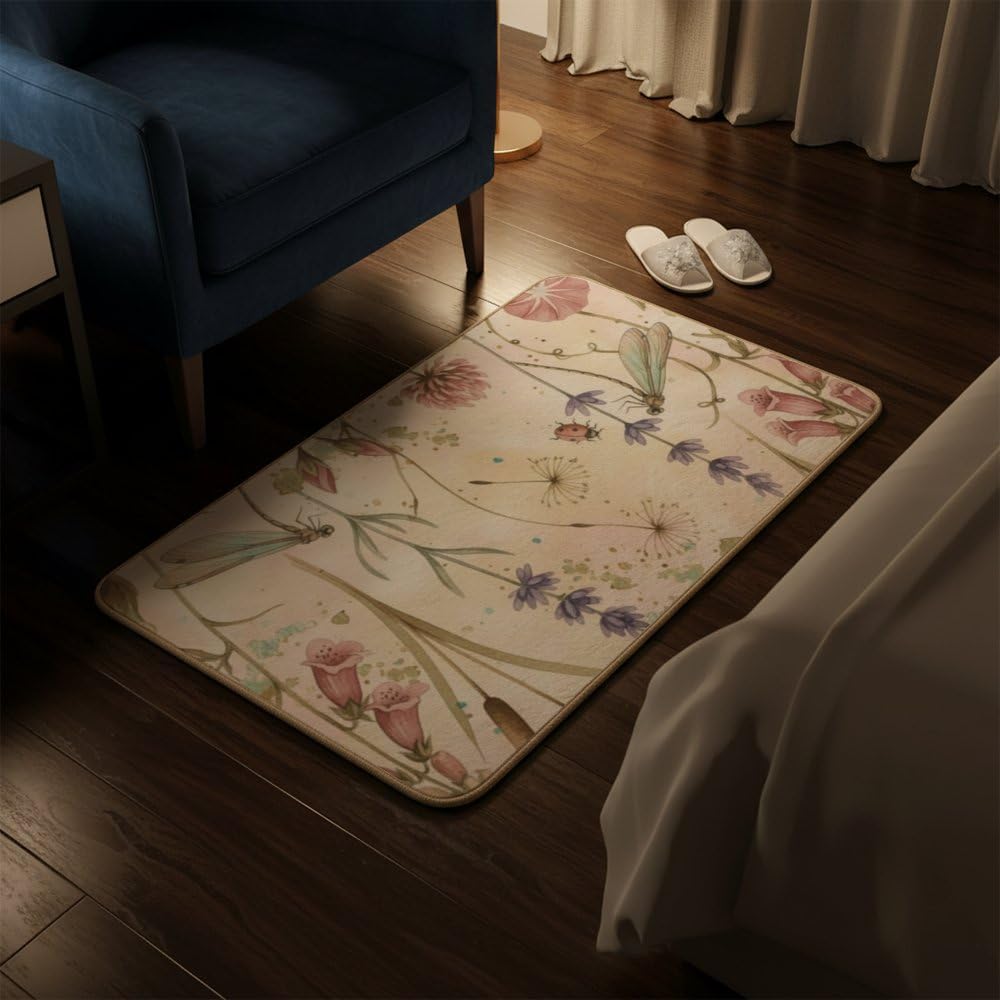 Flannel Quick Dry Bath Mat 16 × 24 Inch, Delicate Botanicallight Pink Flowers No Slip Shower Rug Water Absorbing Bathroom Decor Western Bathroom Rugs Anti-Fatigue Kitchen Mats