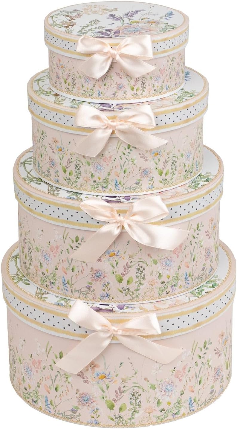 Set of 4 Round Blush Floral Nesting Cardstock Gift Boxes with Lids - Presents Wrapping Paper Box for Garden Tea Party Baby Shower Birthday Events Reception Catering Wedding Home Decorations Supplies