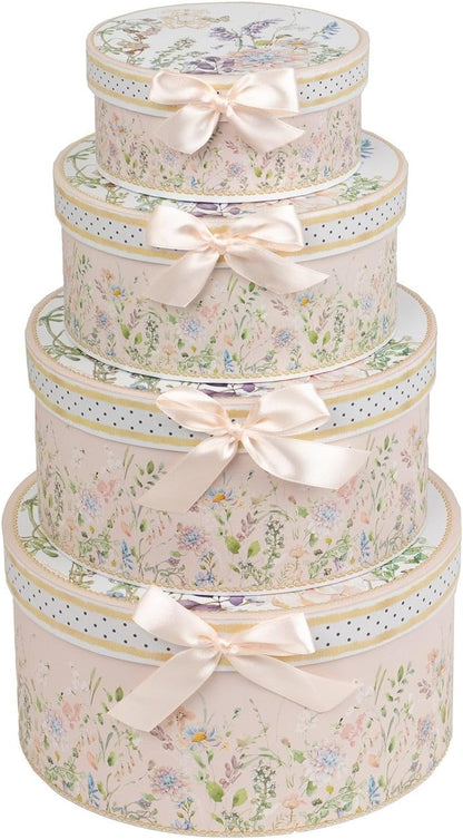 Set of 4 Round Blush Floral Nesting Cardstock Gift Boxes with Lids - Presents Wrapping Paper Box for Garden Tea Party Baby Shower Birthday Events Reception Catering Wedding Home Decorations Supplies