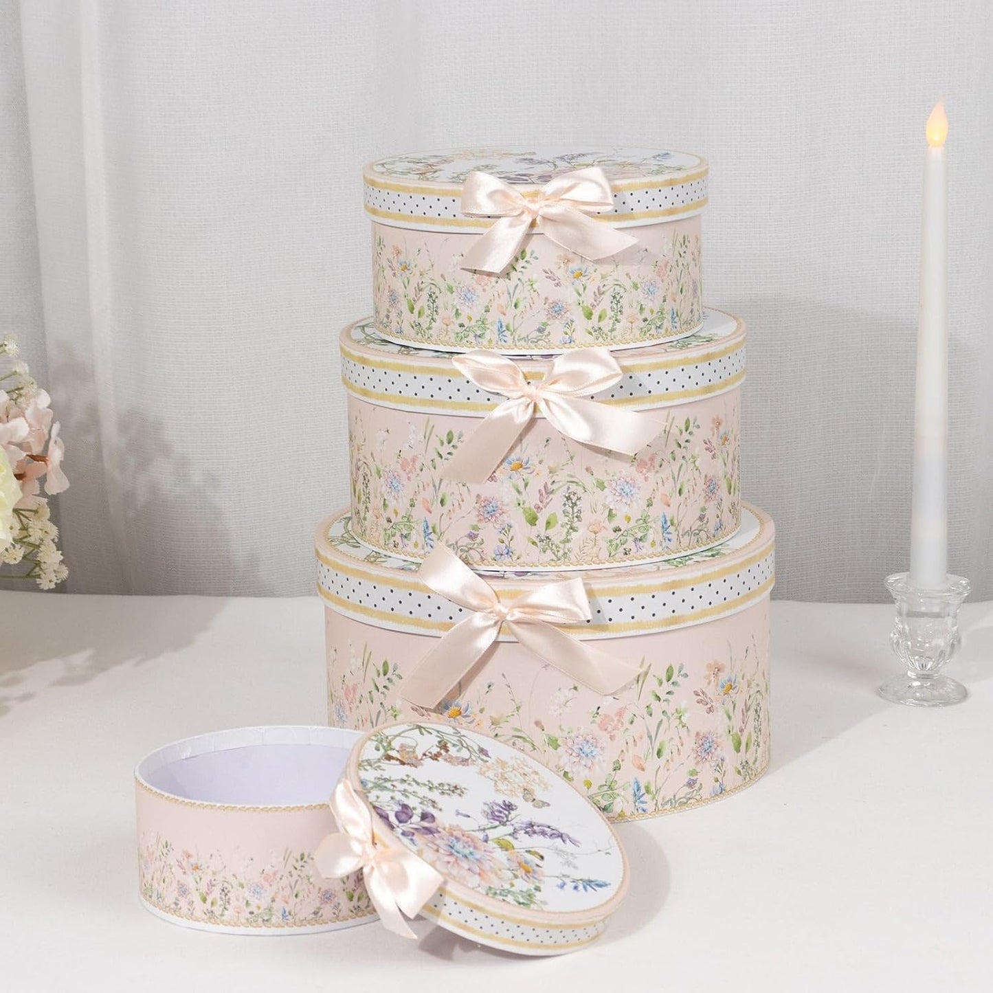 Set of 4 Round Blush Floral Nesting Cardstock Gift Boxes with Lids - Presents Wrapping Paper Box for Garden Tea Party Baby Shower Birthday Events Reception Catering Wedding Home Decorations Supplies