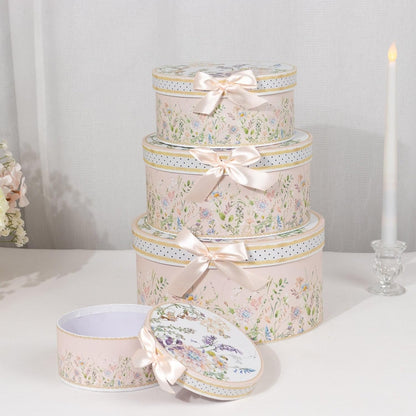 Set of 4 Round Blush Floral Nesting Cardstock Gift Boxes with Lids - Presents Wrapping Paper Box for Garden Tea Party Baby Shower Birthday Events Reception Catering Wedding Home Decorations Supplies