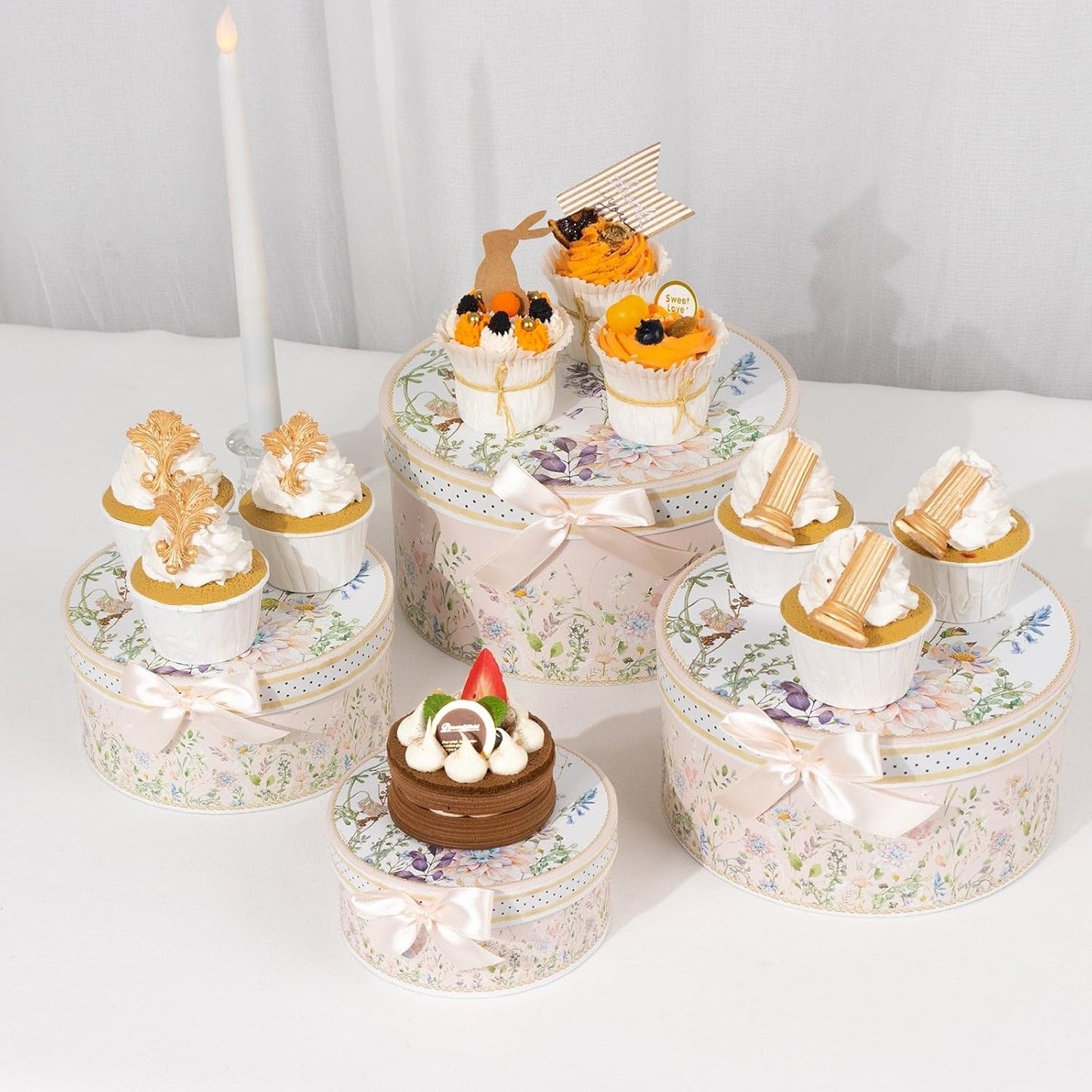 Set of 4 Round Blush Floral Nesting Cardstock Gift Boxes with Lids - Presents Wrapping Paper Box for Garden Tea Party Baby Shower Birthday Events Reception Catering Wedding Home Decorations Supplies