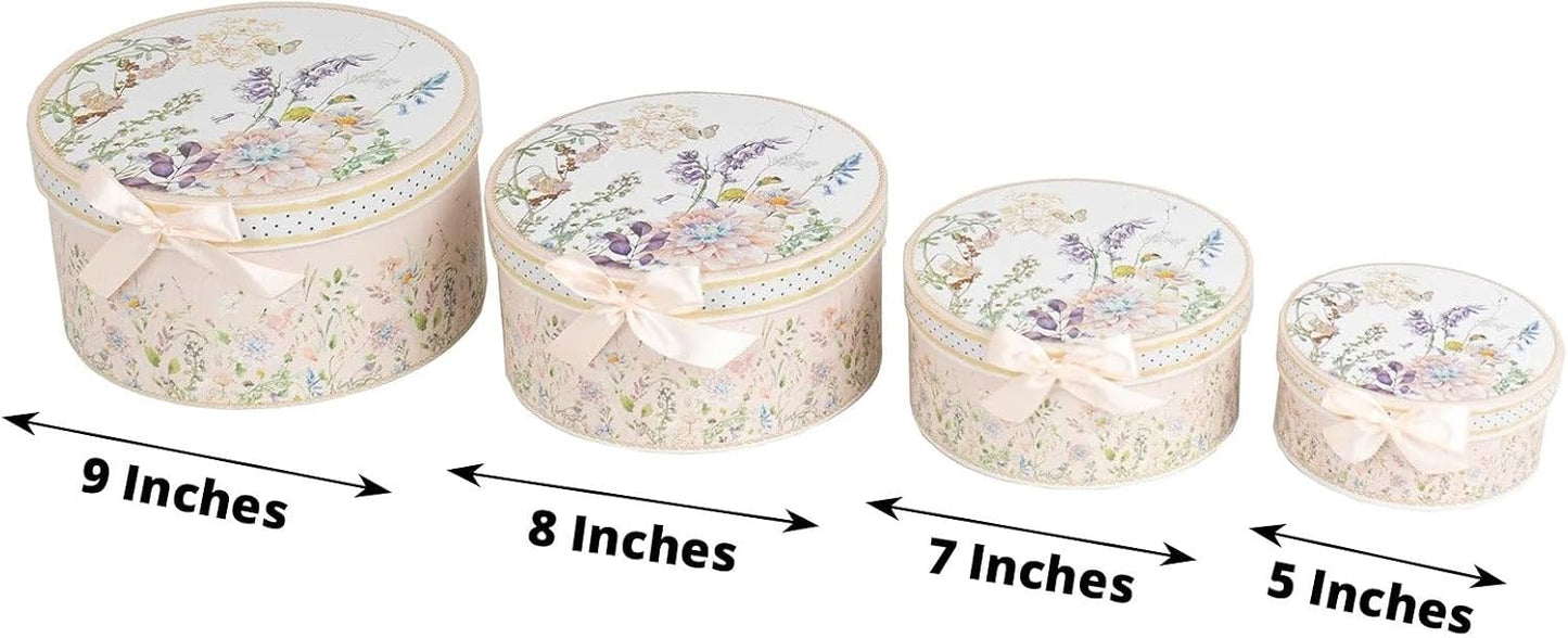 Set of 4 Round Blush Floral Nesting Cardstock Gift Boxes with Lids - Presents Wrapping Paper Box for Garden Tea Party Baby Shower Birthday Events Reception Catering Wedding Home Decorations Supplies