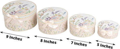 Set of 4 Round Blush Floral Nesting Cardstock Gift Boxes with Lids - Presents Wrapping Paper Box for Garden Tea Party Baby Shower Birthday Events Reception Catering Wedding Home Decorations Supplies