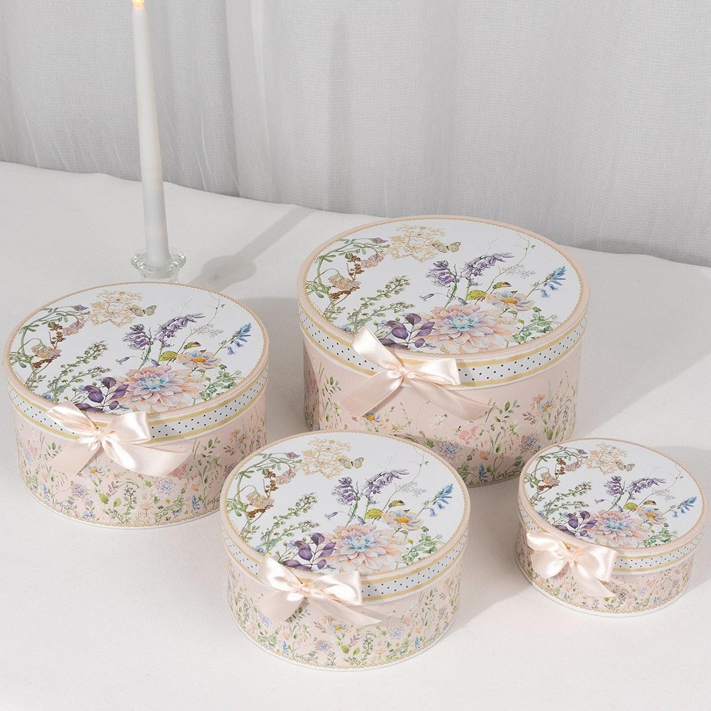 Set of 4 Round Blush Floral Nesting Cardstock Gift Boxes with Lids - Presents Wrapping Paper Box for Garden Tea Party Baby Shower Birthday Events Reception Catering Wedding Home Decorations Supplies