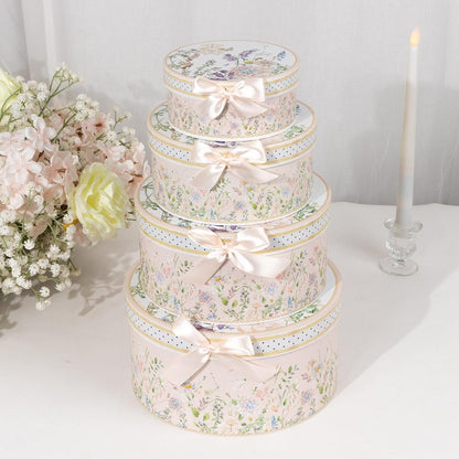 Set of 4 Round Blush Floral Nesting Cardstock Gift Boxes with Lids - Presents Wrapping Paper Box for Garden Tea Party Baby Shower Birthday Events Reception Catering Wedding Home Decorations Supplies
