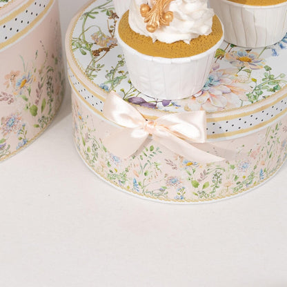 Set of 4 Round Blush Floral Nesting Cardstock Gift Boxes with Lids - Presents Wrapping Paper Box for Garden Tea Party Baby Shower Birthday Events Reception Catering Wedding Home Decorations Supplies