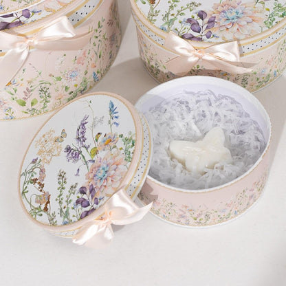 Set of 4 Round Blush Floral Nesting Cardstock Gift Boxes with Lids - Presents Wrapping Paper Box for Garden Tea Party Baby Shower Birthday Events Reception Catering Wedding Home Decorations Supplies
