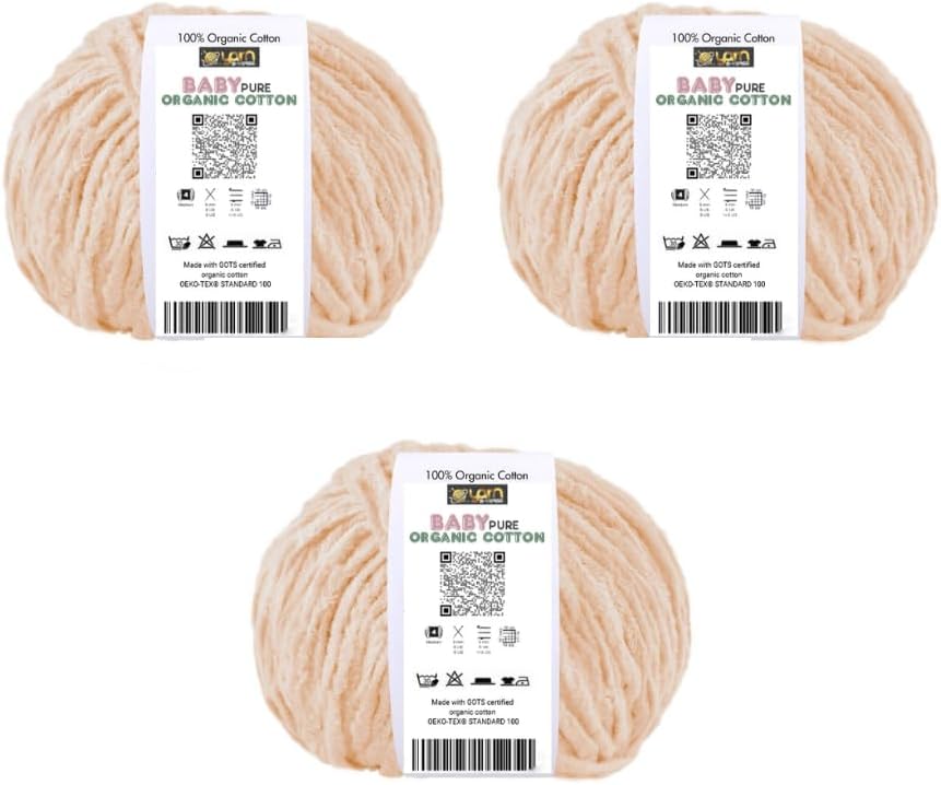 BabyPure Organic Cotton Yarn – 100% Organic Cotton – Made with GOTS Certified Cotton – Soft Baby Yarn – 3 or 6 Skein Pack (3, Warm Peach)
