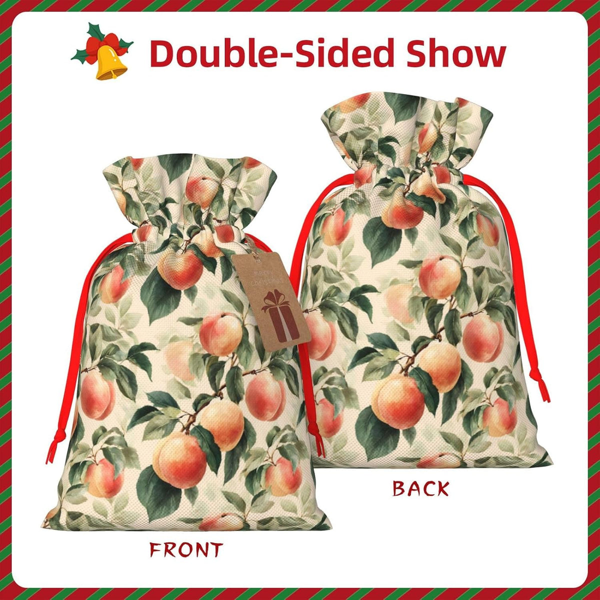 Peach Print Christmas Drawstring Gift Bags, Reusable Candy Treat Bags For Holiday Birthday Party