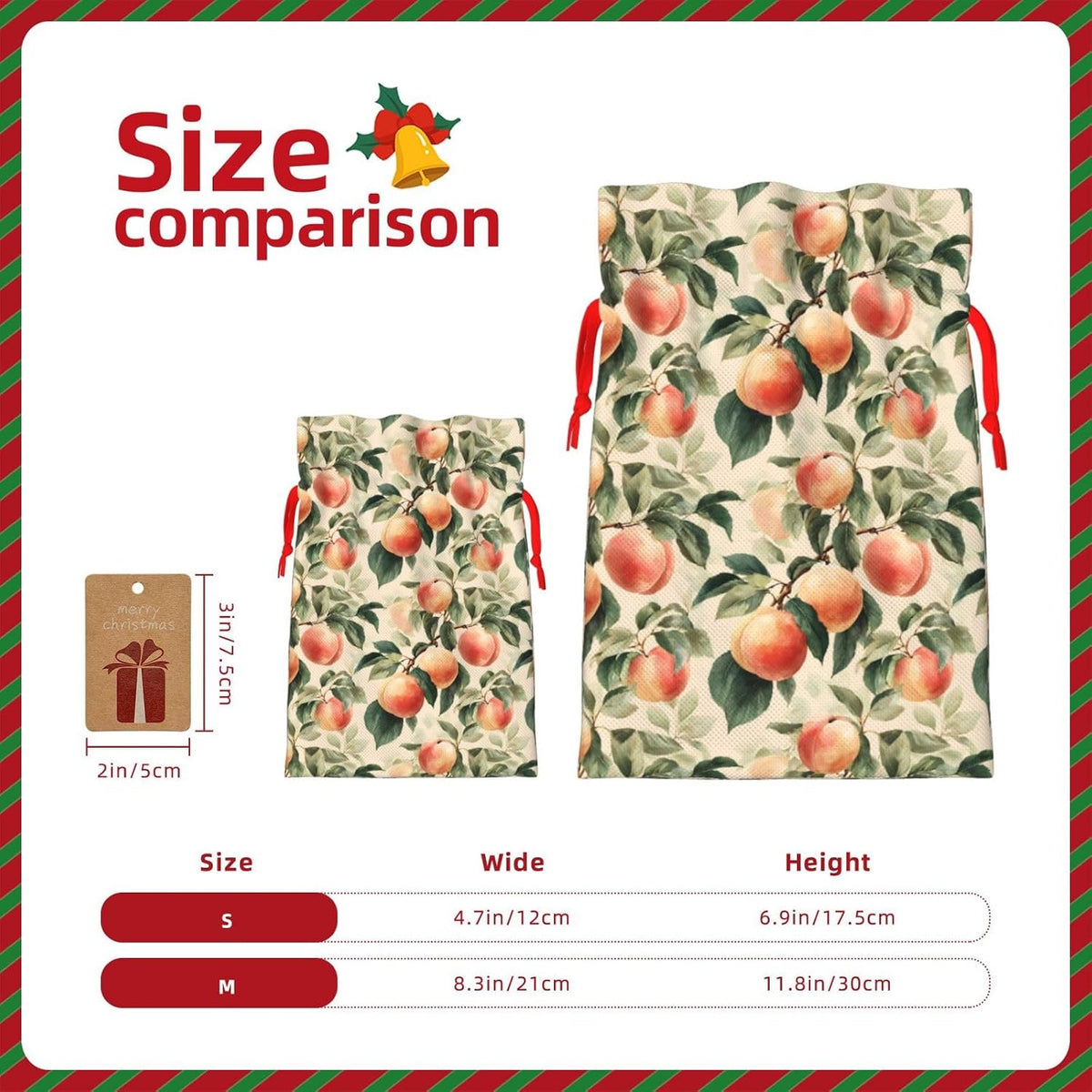 Peach Print Christmas Drawstring Gift Bags, Reusable Candy Treat Bags For Holiday Birthday Party
