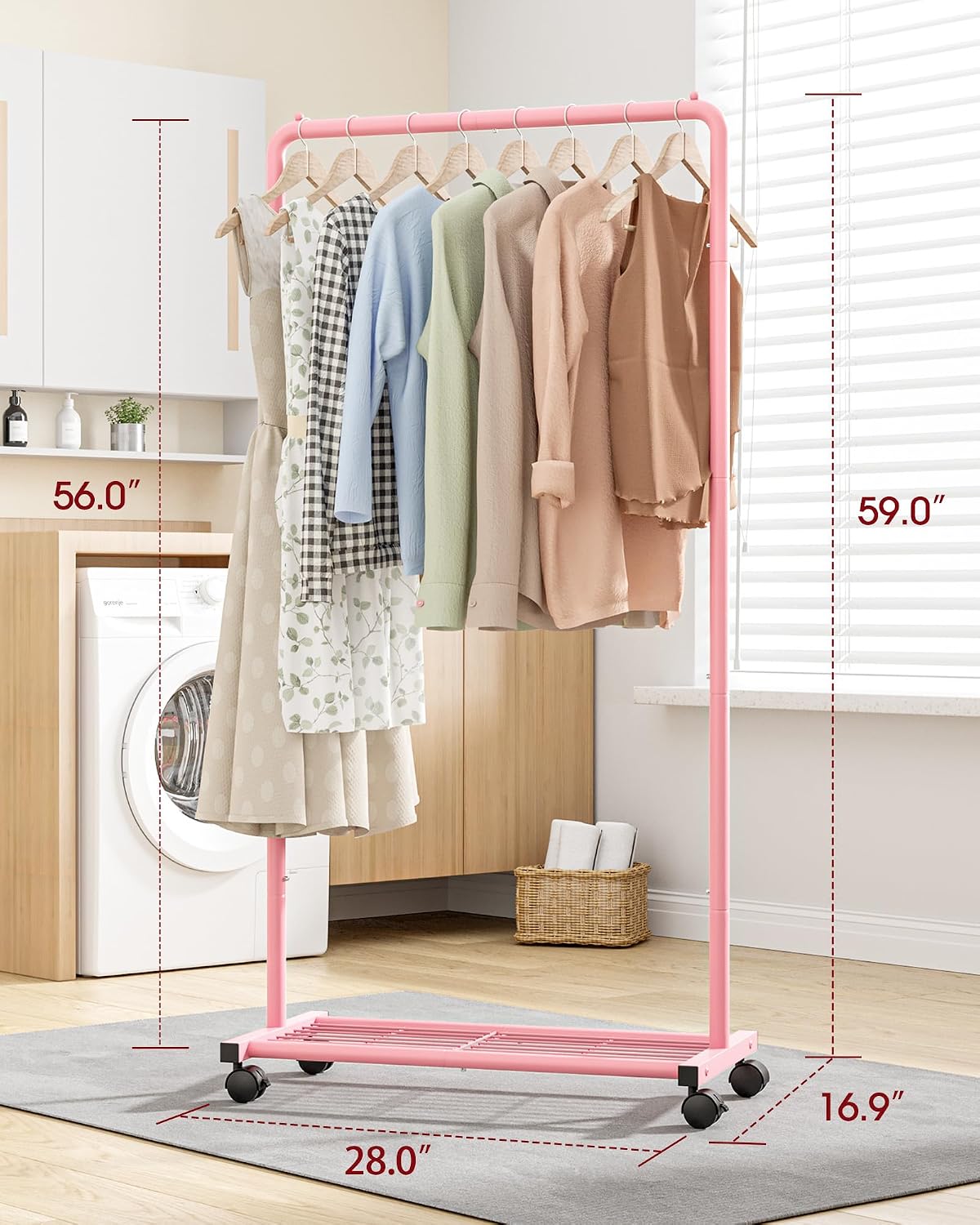 Clothes Rack - Clothing Rack with Storage Mesh Shelf & Casters, Heavy-Duty Metal Clothing Rack for Hanging Clothes, Dresses, Coats, Large Load Capacity, Easy Assembly, Pink, 28.0"x16.9"x59.0"