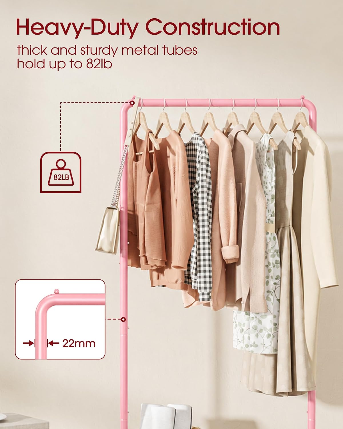 Clothes Rack - Clothing Rack with Storage Mesh Shelf & Casters, Heavy-Duty Metal Clothing Rack for Hanging Clothes, Dresses, Coats, Large Load Capacity, Easy Assembly, Pink, 28.0"x16.9"x59.0"