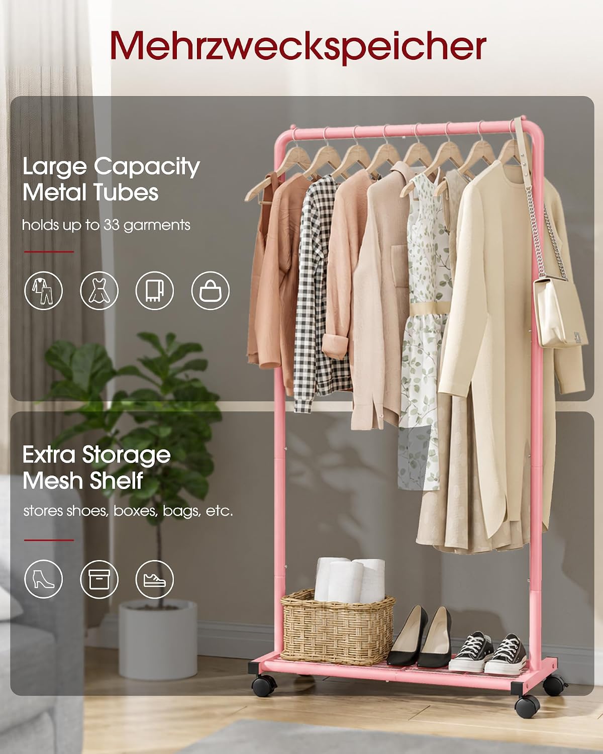 Clothes Rack - Clothing Rack with Storage Mesh Shelf & Casters, Heavy-Duty Metal Clothing Rack for Hanging Clothes, Dresses, Coats, Large Load Capacity, Easy Assembly, Pink, 28.0"x16.9"x59.0"