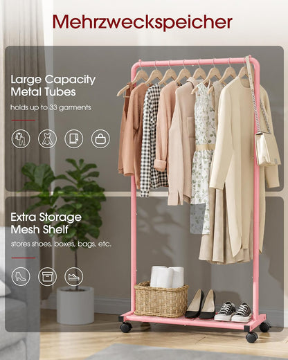Clothes Rack - Clothing Rack with Storage Mesh Shelf & Casters, Heavy-Duty Metal Clothing Rack for Hanging Clothes, Dresses, Coats, Large Load Capacity, Easy Assembly, Pink, 28.0"x16.9"x59.0"