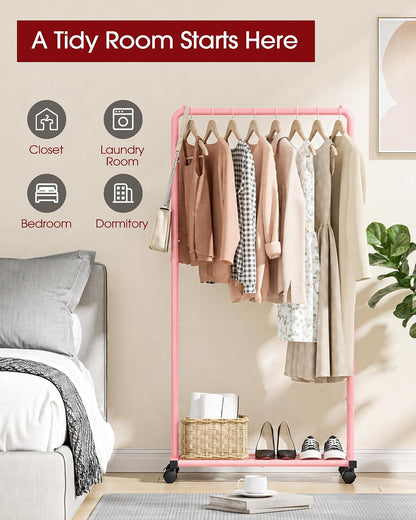 Clothes Rack - Clothing Rack with Storage Mesh Shelf & Casters, Heavy-Duty Metal Clothing Rack for Hanging Clothes, Dresses, Coats, Large Load Capacity, Easy Assembly, Pink, 28.0"x16.9"x59.0"