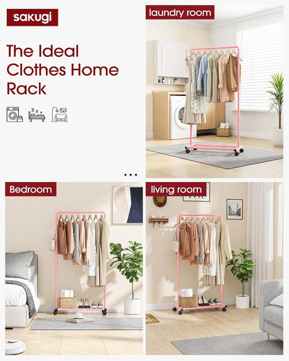 Clothes Rack - Clothing Rack with Storage Mesh Shelf & Casters, Heavy-Duty Metal Clothing Rack for Hanging Clothes, Dresses, Coats, Large Load Capacity, Easy Assembly, Pink, 28.0"x16.9"x59.0"