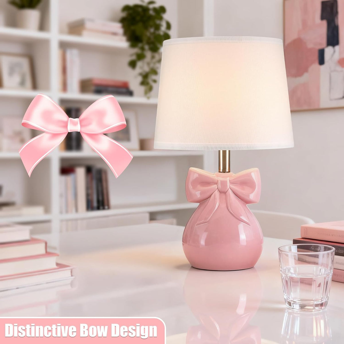 Pink Bow Table Lamp for Girl's Room, 19" Cute Lamp for Kids Bedroom