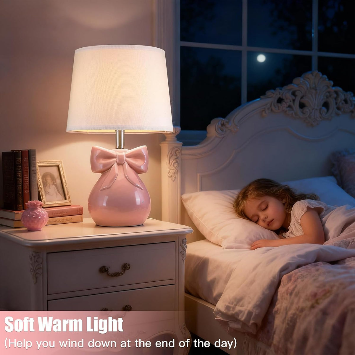 Pink Bow Table Lamp for Girl's Room, 19" Cute Lamp for Kids Bedroom