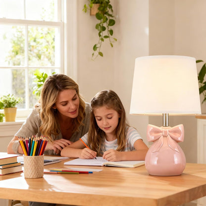 Pink Bow Table Lamp for Girl's Room, 19" Cute Lamp for Kids Bedroom
