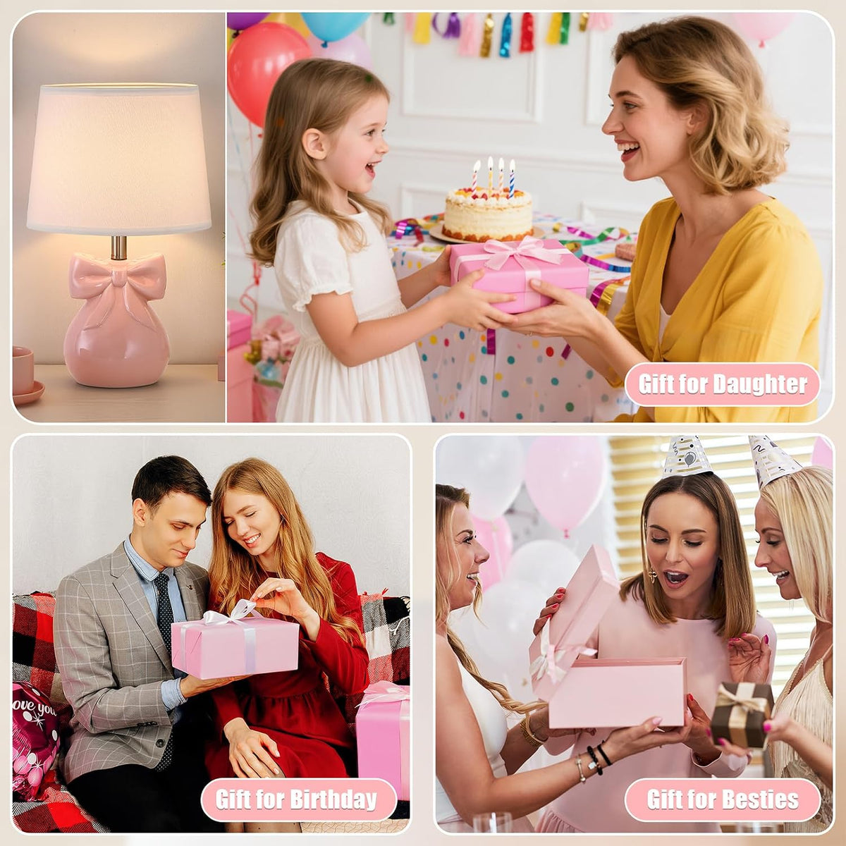 Pink Bow Table Lamp for Girl's Room, 19" Cute Lamp for Kids Bedroom
